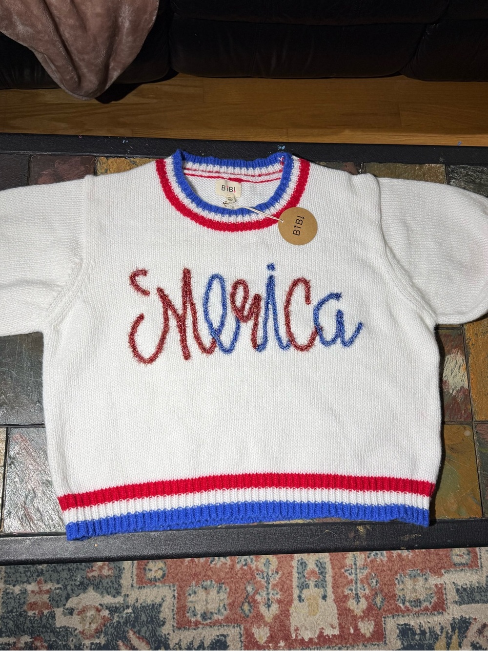 BIBI Women's White "America" Knit Sweater Short Sleeve Red Blue Trim Size XL - Picture 5 of 10